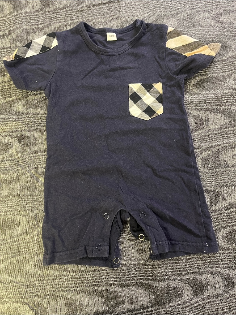 Navy Baby Romper with Plaid Pocket & Sleeve Accents